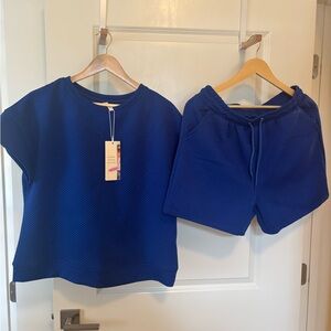 Blue Textured Short Sleeve Top and Shorts Set